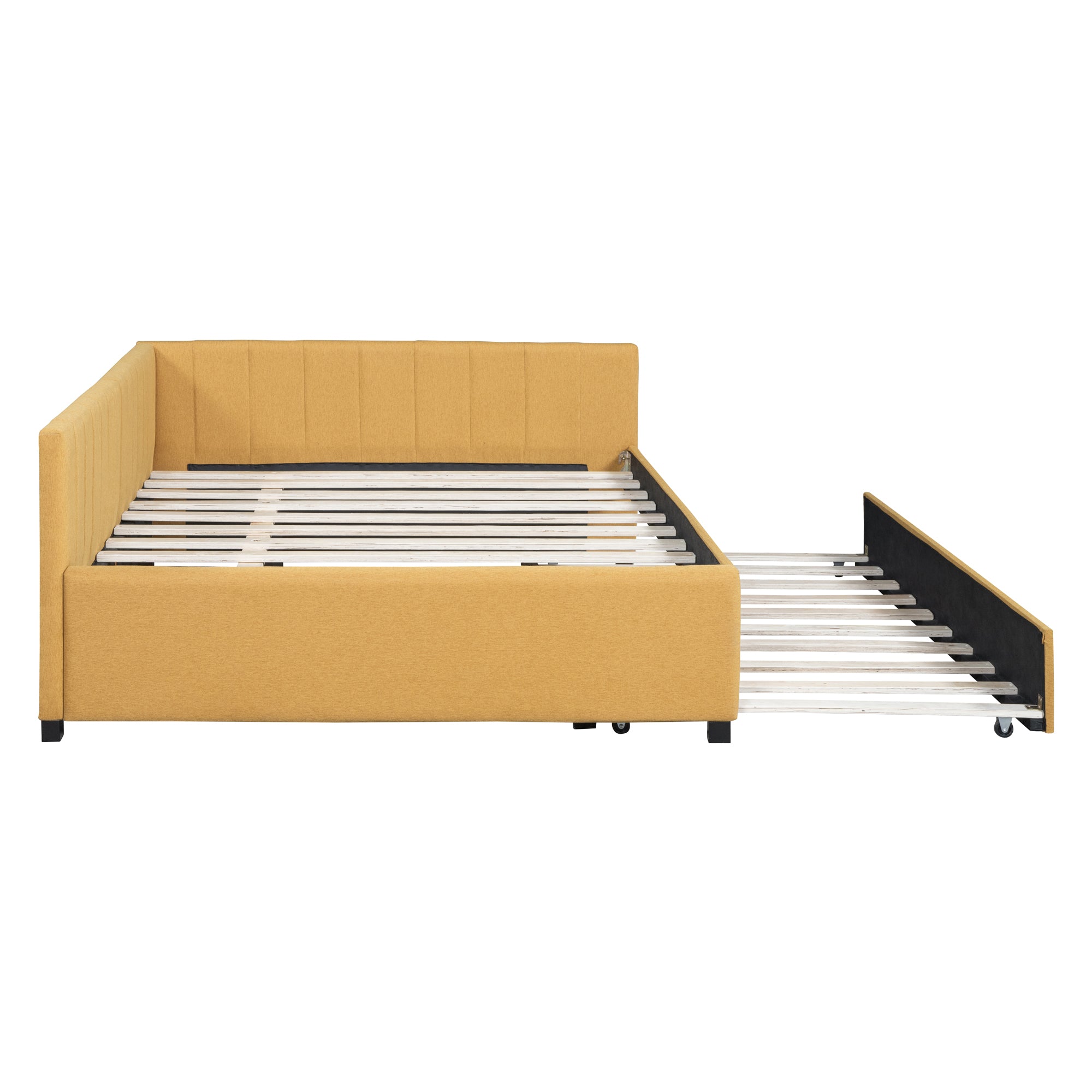 Full Size Upholstered Daybed with Trundle Sofa Bed Frame No Box Spring Needed, Linen Fabric(Yellow) - Atlantic Fine Furniture Melbourne FL