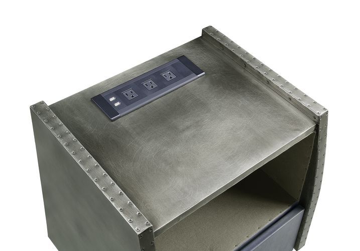 Doris - Nightstand - Gray Top Grain Leather & Aluminum