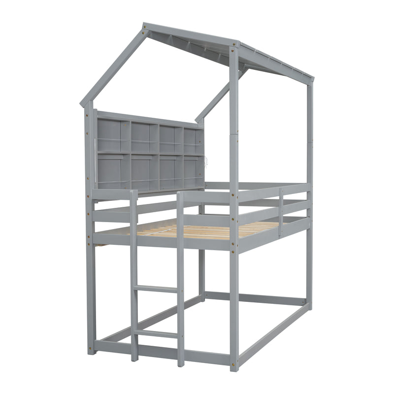 House Loft Bed With Guardrails, Semi-Enclosed Roof, Bedside Shelves And Ladder