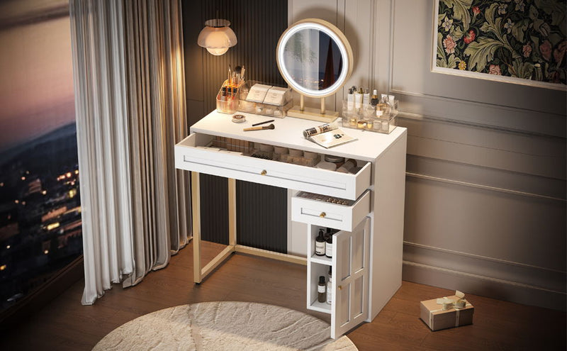 Makeup Vanity Desk With Lighted Mirror, Luxury Dressing Table With 2 Drawers And 1 Cabinet, 3 Lighting Modes Available For Bedroom - White / Gold