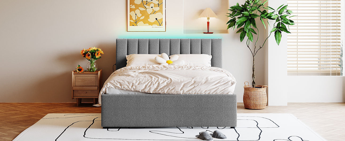 Teddy Fleece Queen Size Upholstered Platform Bed with Trundle, Gray - Atlantic Fine Furniture Melbourne FL