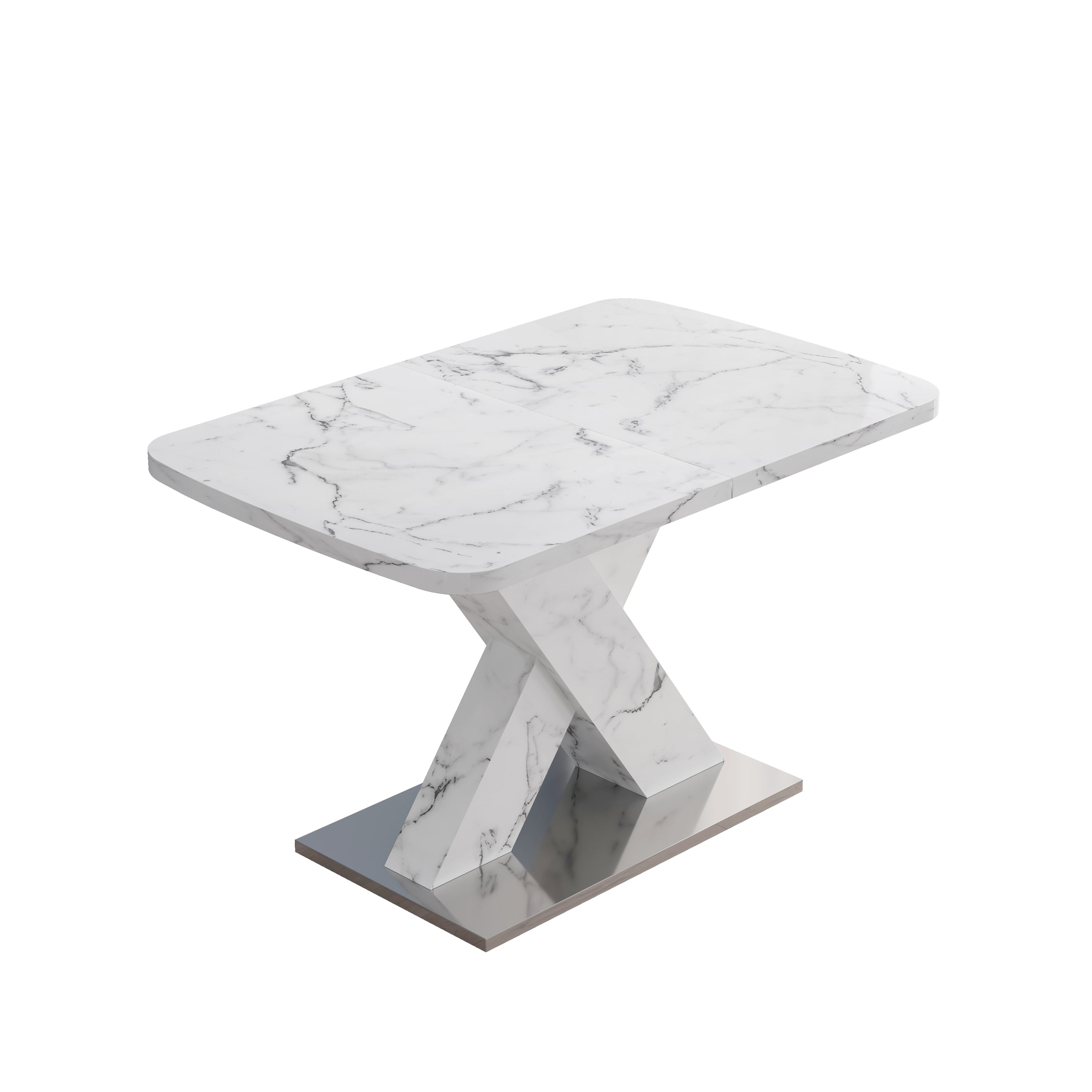 Modern Square Dining Table, Stretchable, with Printed White Marble Table Top+MDF X-Shape Table Leg with Metal Base
