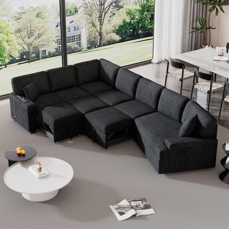 L-Shaped Sofa Sectional Sofa Couch Pull-Out Sofa Bed With Charging Devices And Cup Holders For Living Room