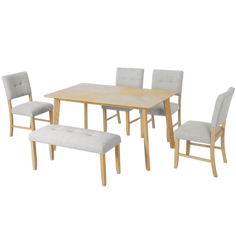 Rustic Farmhouse Dining Room Rectangular Table With 4 Upholstered Chairs And Bench