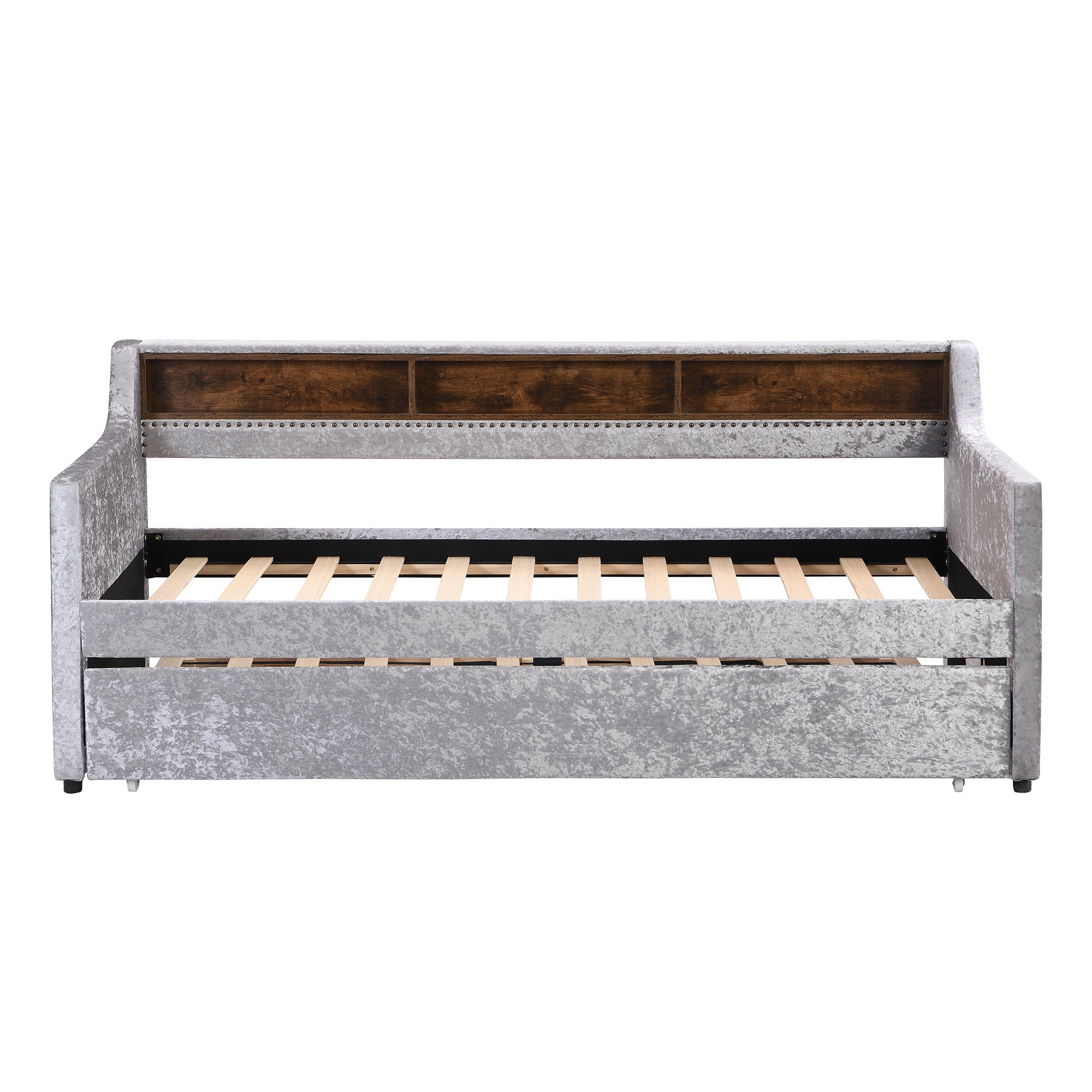 Twin Size Snowflake Velvet Daybed with Trundle and Built-in Storage Shelves,Gray - Atlantic Fine Furniture Melbourne FL