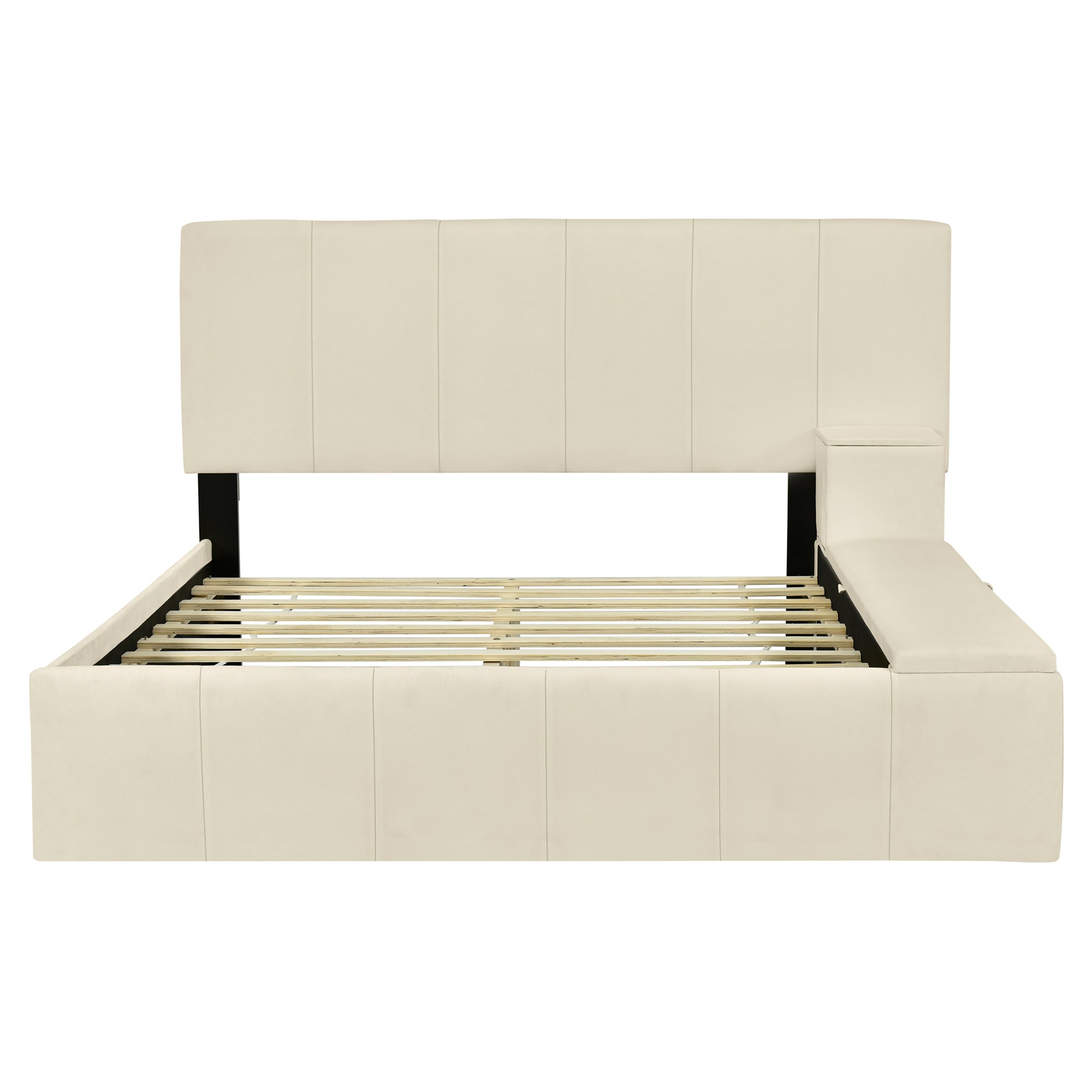 Full Size Upholstered Platform Bed with Lateral Storage Compartments and Thick Fabric, Velvet, Beige - Atlantic Fine Furniture Melbourne FL