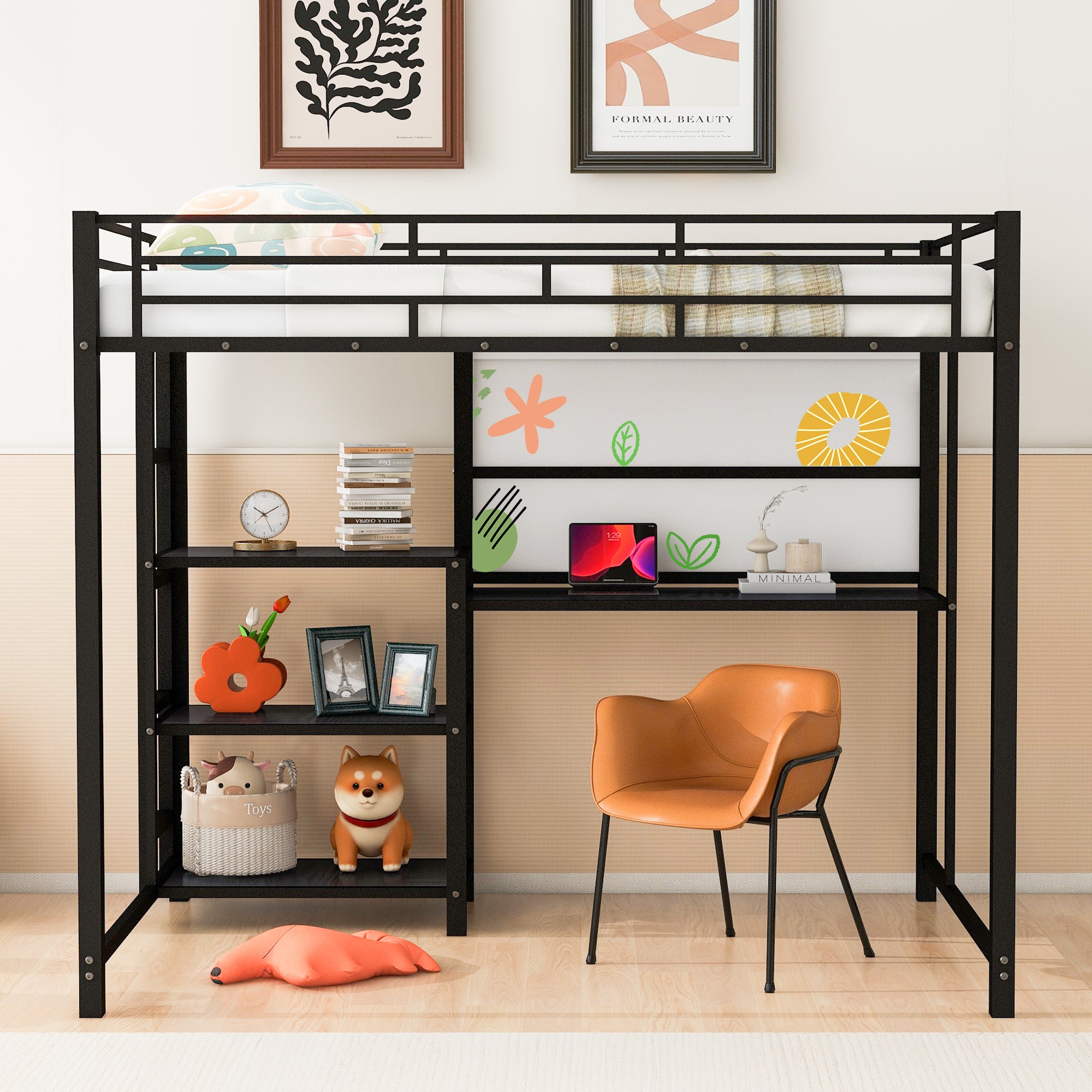 Full Size Loft Bed with Desk and Whiteboard, Metal Loft Bed with 3 Shelves and Ladder, Black - Atlantic Fine Furniture Melbourne FL
