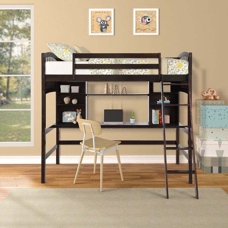 Loft Bed With Storage Shelves, Desk And Ladder