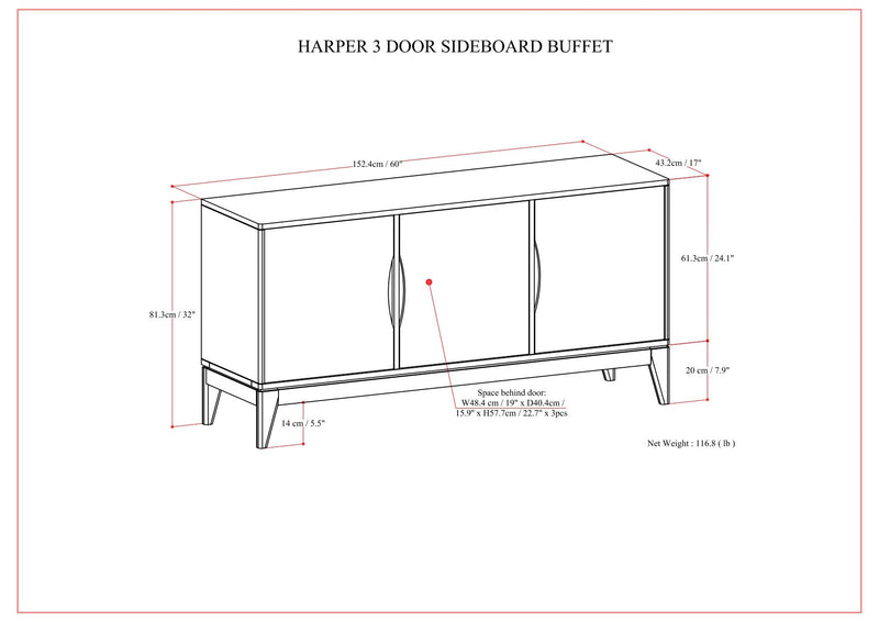 Harper - 3 Door Sideboard Buffet / Storage Cabinet - Walnut Brown