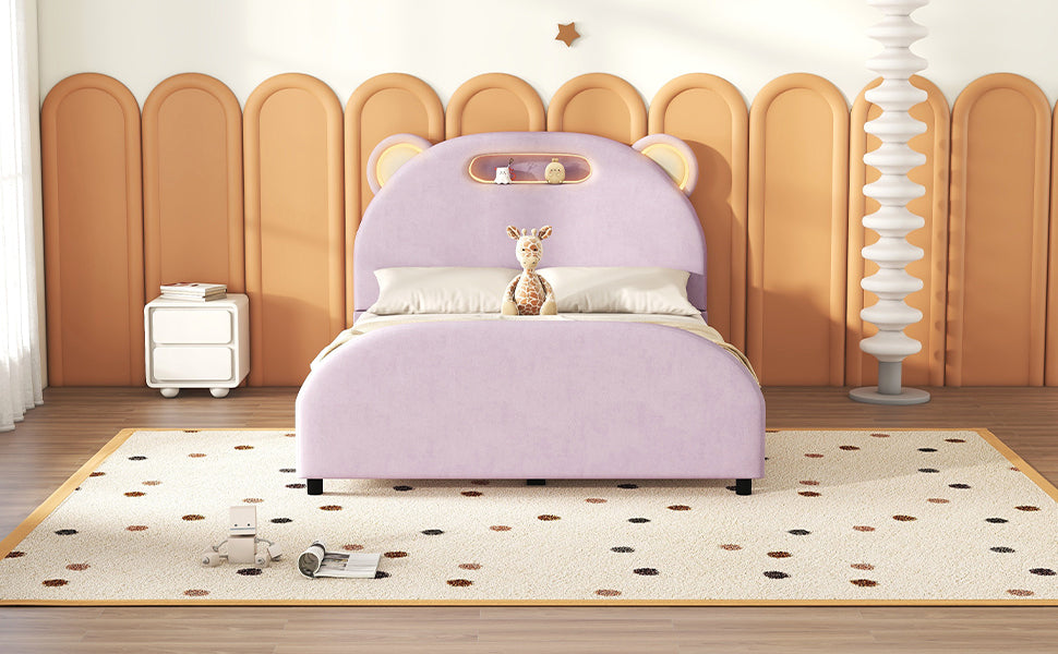 Full Size Upholstered Platform Bed with Bear-Shaped Headboard and Embedded Light Stripe, Velvet, Pink - Atlantic Fine Furniture Melbourne FL