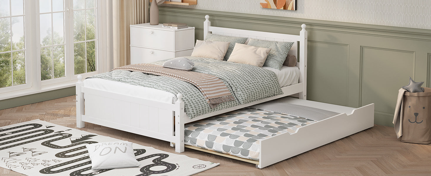 Full Size Solid Wood Platform Bed Frame with trundle for Limited Kids, Teens, Adults, No Need Box Spring, White - Atlantic Fine Furniture Melbourne FL
