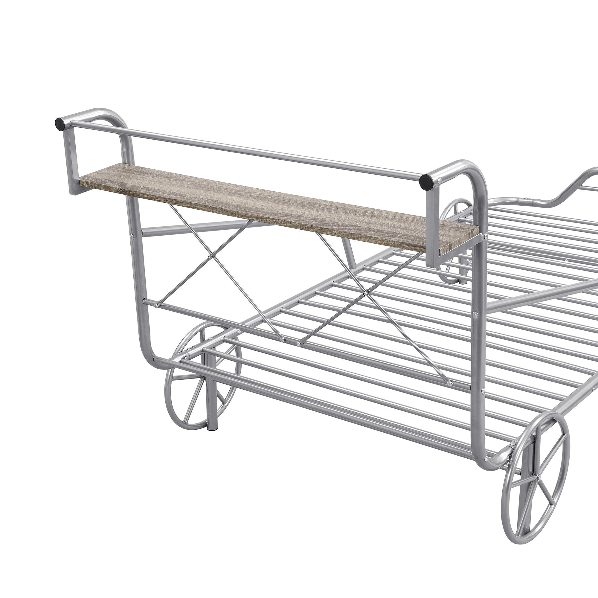 Twin Size Metal Car Bed with Four Wheels, Guardrails and  X-Shaped Frame Shelf, Silver(Old SKU: MF297599AAN) - Atlantic Fine Furniture Melbourne FL
