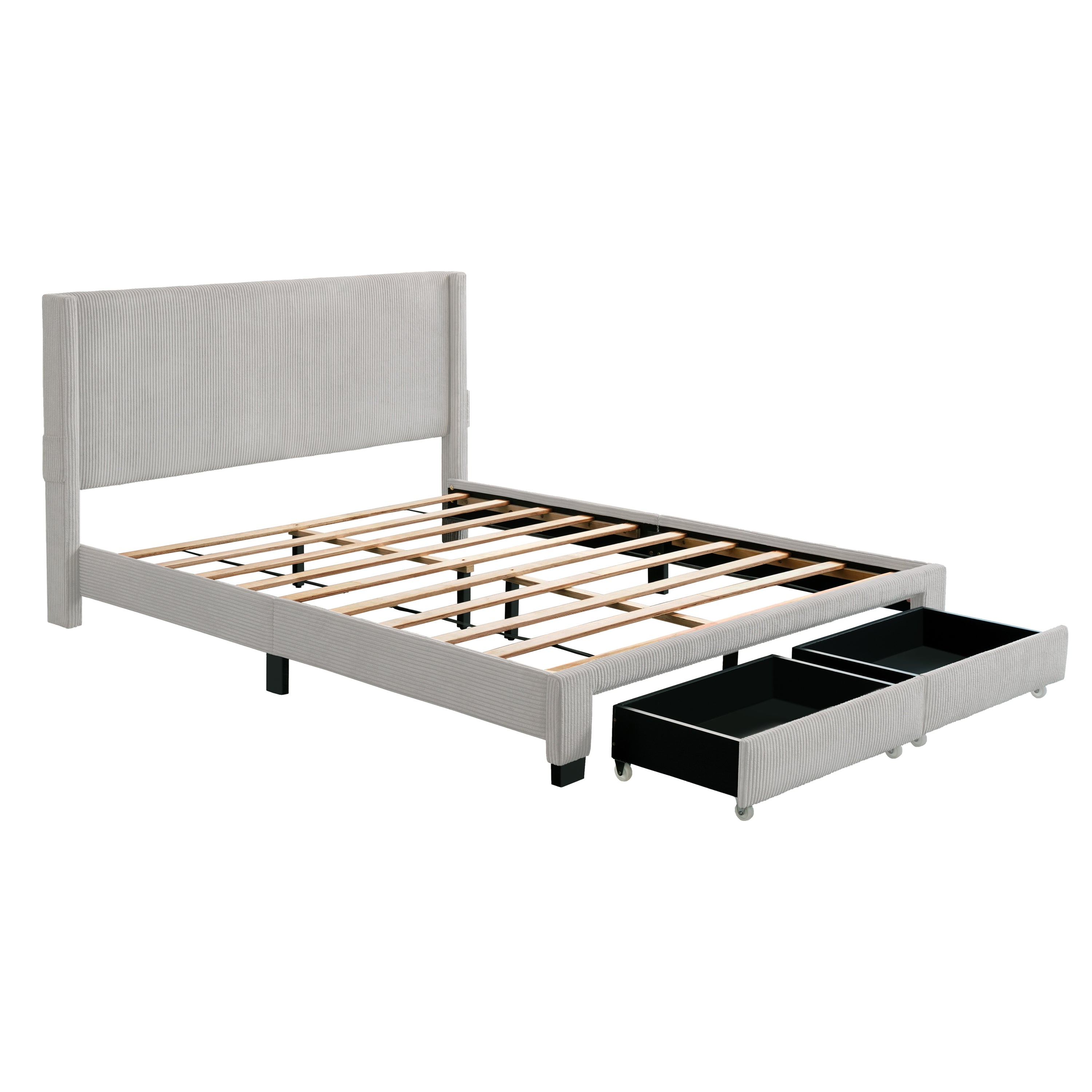 CORDUROY VELVET QUEEN FOOTBOARD DRAWER STORAGE UPHOLSTERED WINGBACK BED NO BOX SPRING REQUIRE GRAY - Atlantic Fine Furniture Melbourne FL