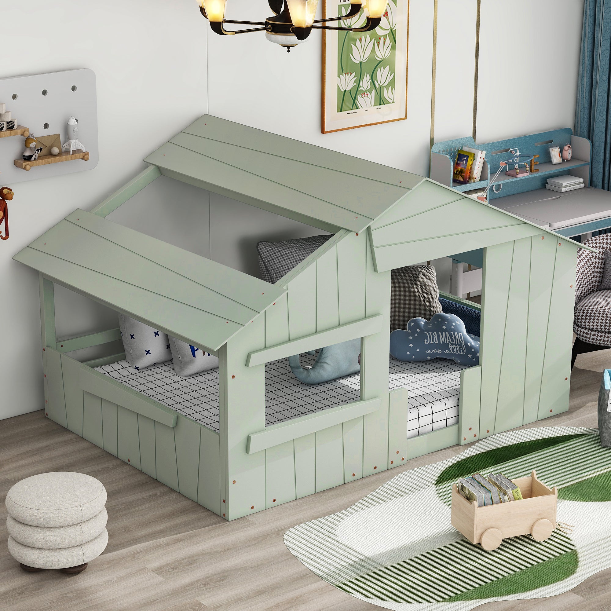 Wood Full Size House Bed with Roof, Window and Guardrail, Light Green - Atlantic Fine Furniture Melbourne FL