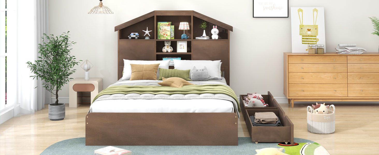 Full Size Wood Platform Bed with House-shaped Storage Headboard and 2 Drawers, Walnut - Atlantic Fine Furniture Melbourne FL