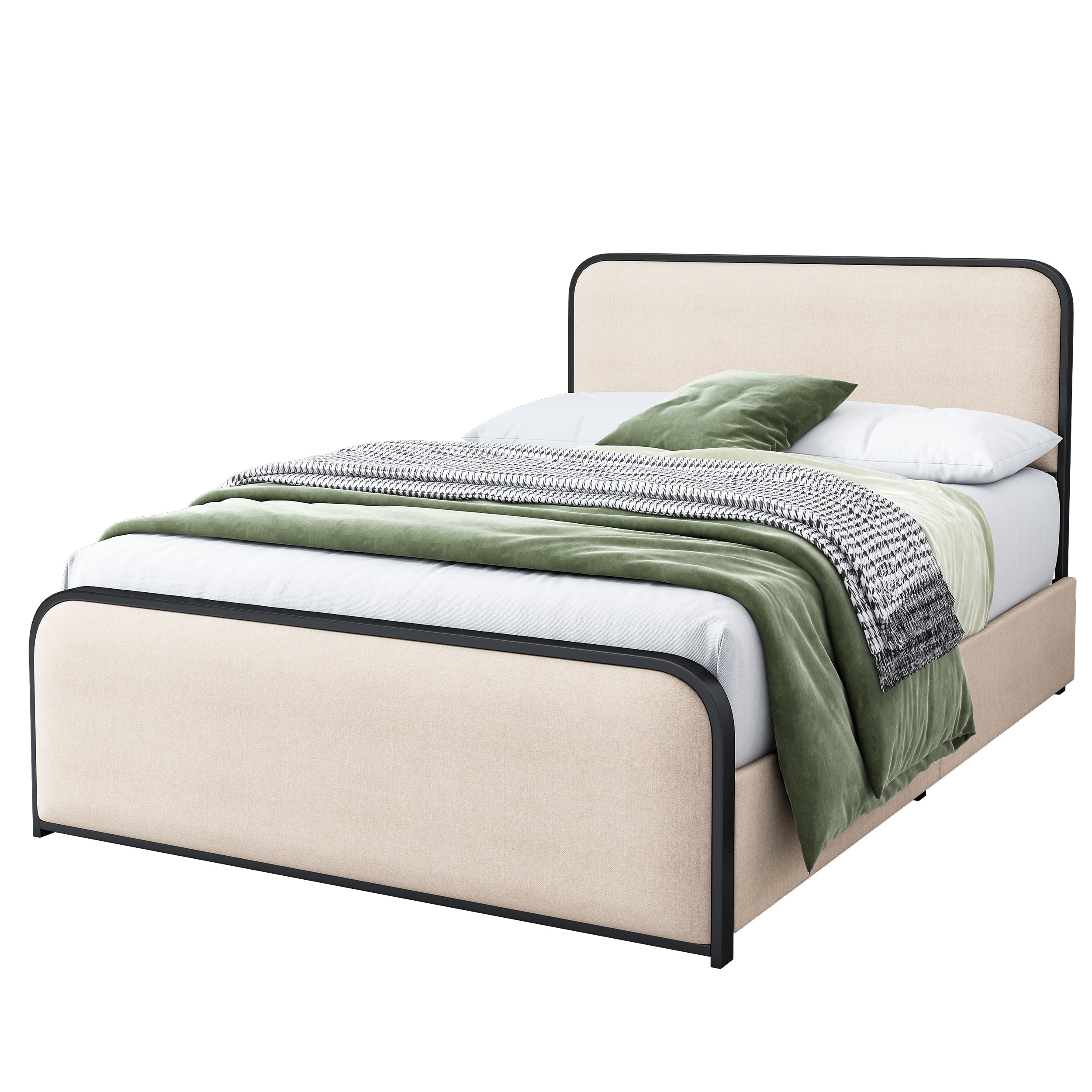 Modern Metal Bed Frame with Curved Upholstered Headboard and Footboard Bed with 4 Storage Drawers, Heavy Duty Metal Slats, Full Size, Beige