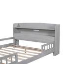 Wood Platform Bed With Built In LED Light, Storage Headboard And Guardrail