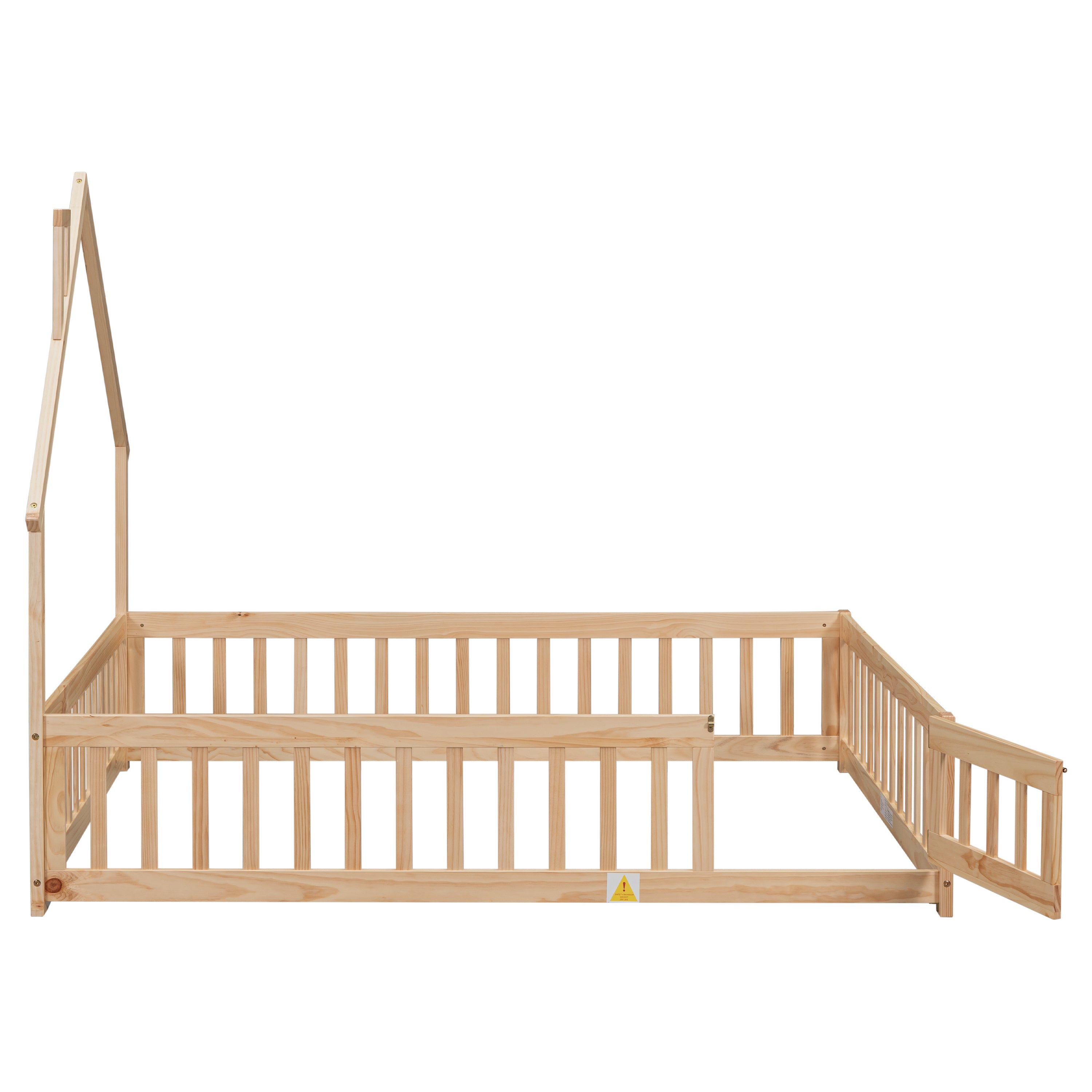 Full House-Shaped Headboard Floor Bed with Fence,Natural