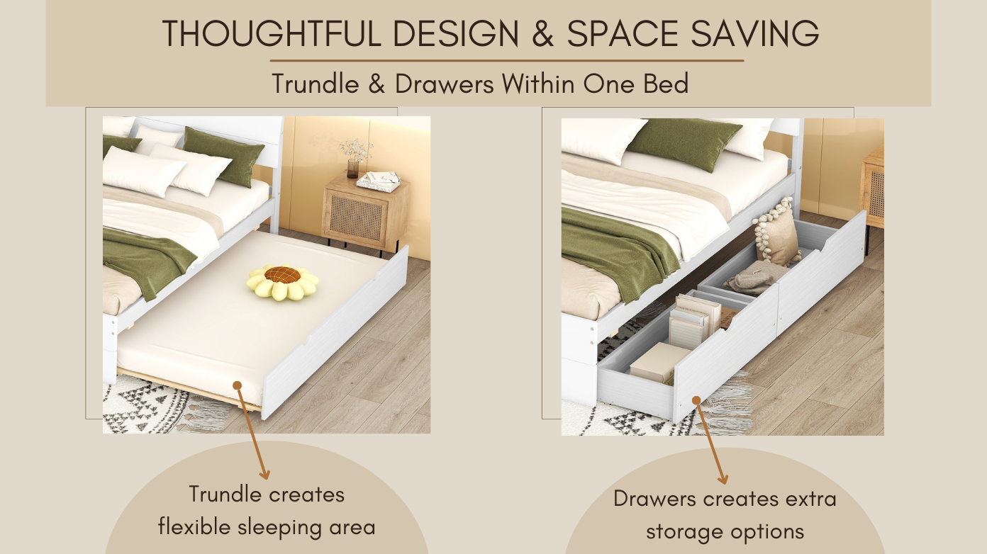 Modern Full Bed Frame With Twin Size Trundle And 2 Drawers For White High Gloss and Washed White Color