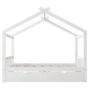 House Style Platform Bed With Headboard, Footboard, 2 Drawers, And Roof Design