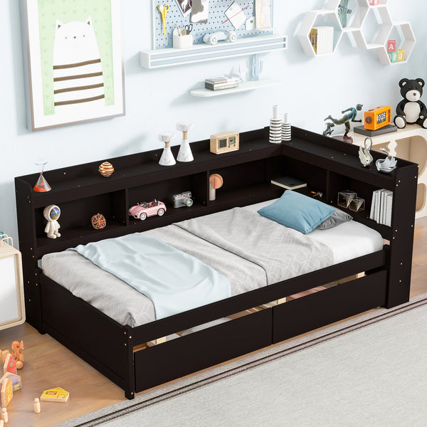 Twin Bed with L-shaped Bookcases,Drawers,Espresso