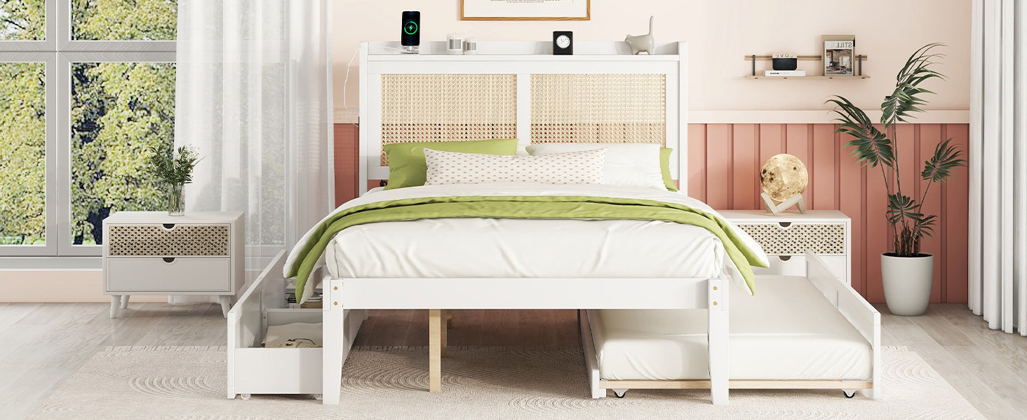 Full Size Elegant Bed Frame with Rattan Headboard and Sockets ,White - Atlantic Fine Furniture Melbourne FL