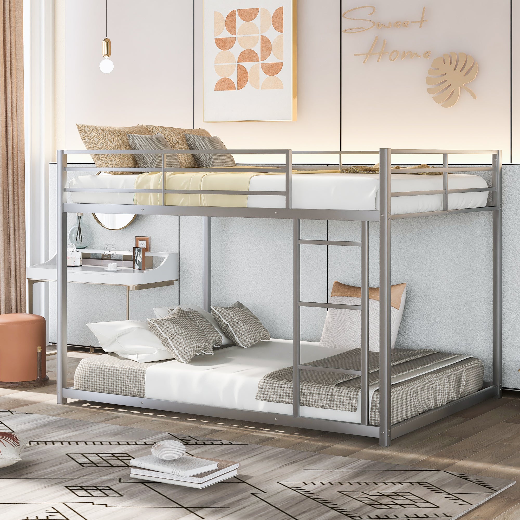 Full over Full Metal Bunk Bed, Low Bunk Bed with Ladder, Silver(Old SKU:MF197034AAN) - Atlantic Fine Furniture Melbourne FL