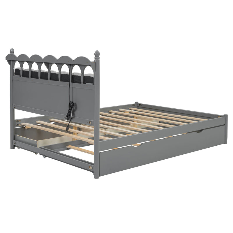 Storage Platform Bed, With 2 Big Drawers, Trundle, One Set Of Sockets & USB Ports