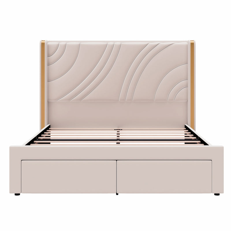 Modern Upholstered LED Bed Frame With Storage Drawers, Wingback Headboard, RGB Light