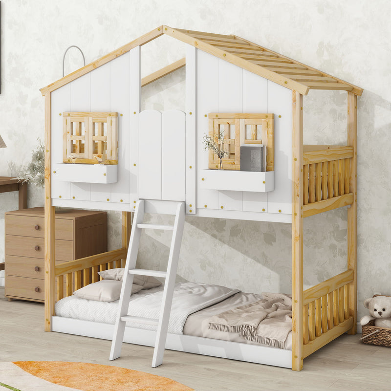 House Bunk Bed With Roof, Window, Window Box, Door, With Safety Guardrails And Ladder