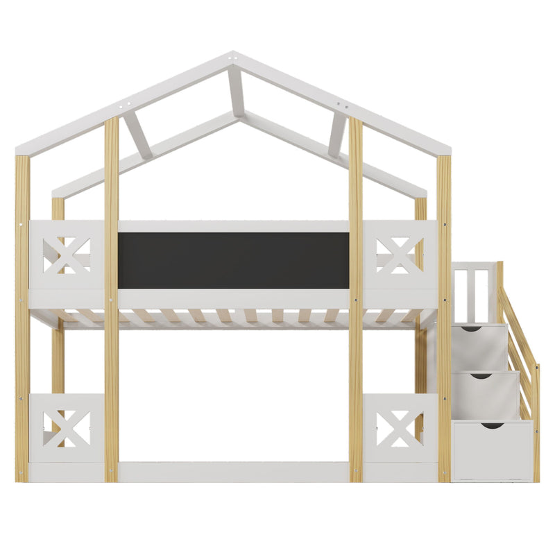 Twin Over Twin House Bunk Bed With White Storage Staircase And Blackboards - White