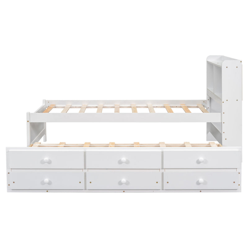 Bed With Built-In USB, Type-C Ports, LED Light, Bookcase Headboard, Trundle And 3 Storage Drawers, Bed With Bookcase Headboard, Trundle And Storage Drawers - Espresso