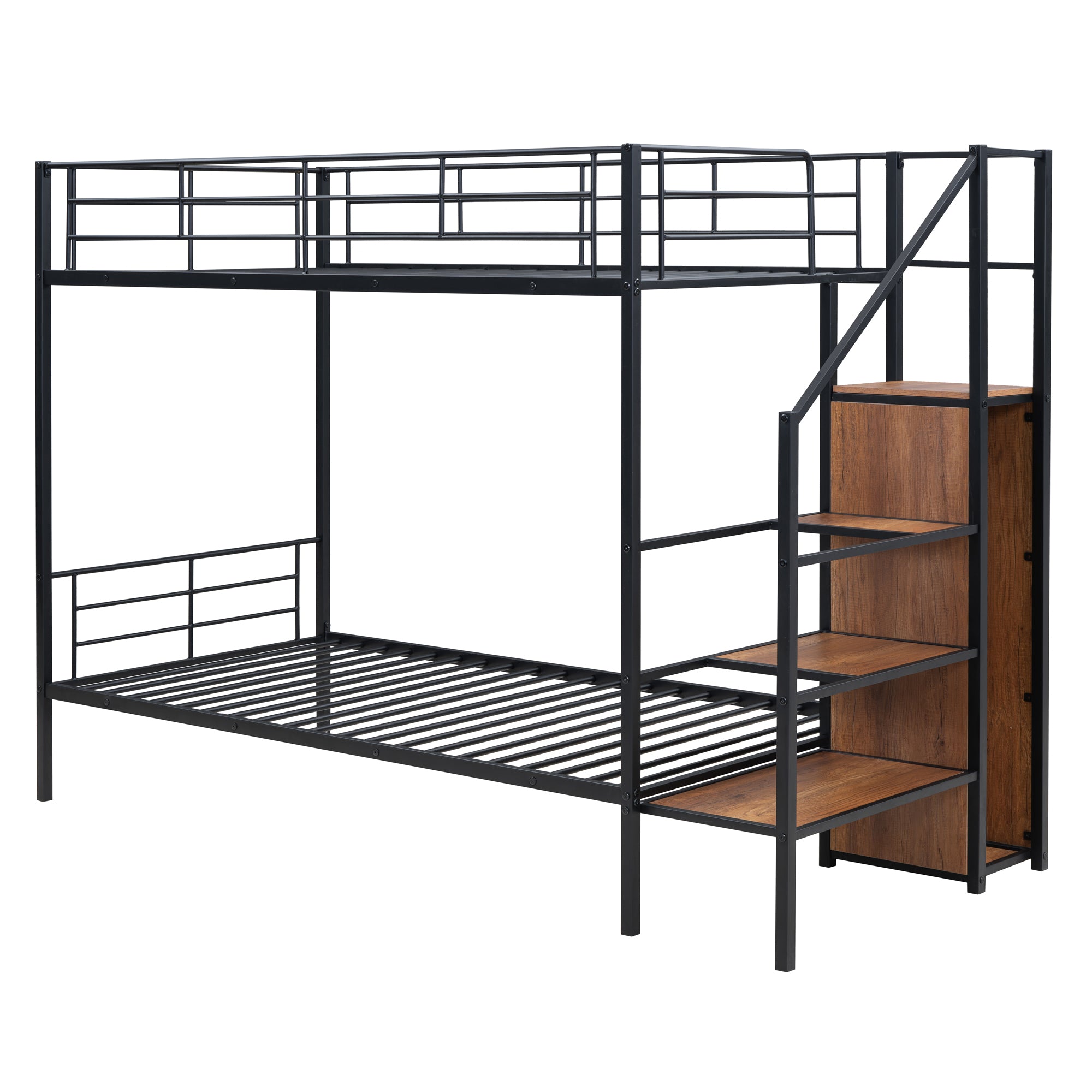 Twin Over Twin Metal Bunk Bed with Lateral Storage Ladder and Wardrobe, Black - Atlantic Fine Furniture Melbourne FL