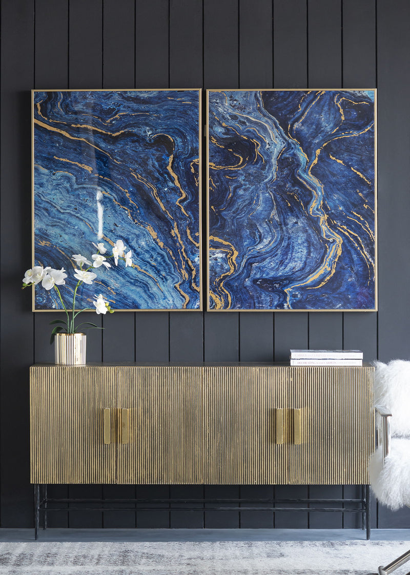 Framed Art Panels, Unique Marbled Design (Set of 2) - Blue / Gold