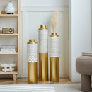 Modern Droplet Shaped Floor Vase Set Honeycomb Design, 3 Piece Metal Decorative Vases For Home Interior Display - Gold / White