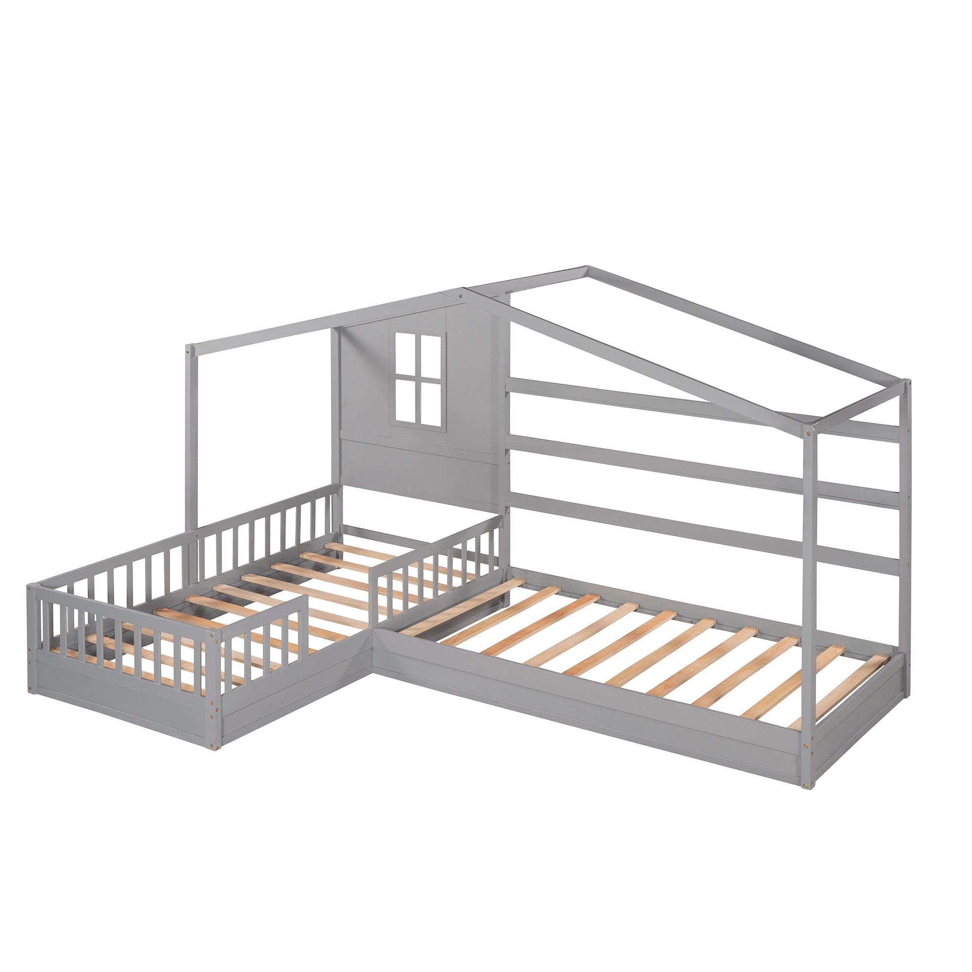Wood House Bed Twin Size, 2 Twin Solid Bed L structure with fence and slatted frame (Gray) - Atlantic Fine Furniture Melbourne FL