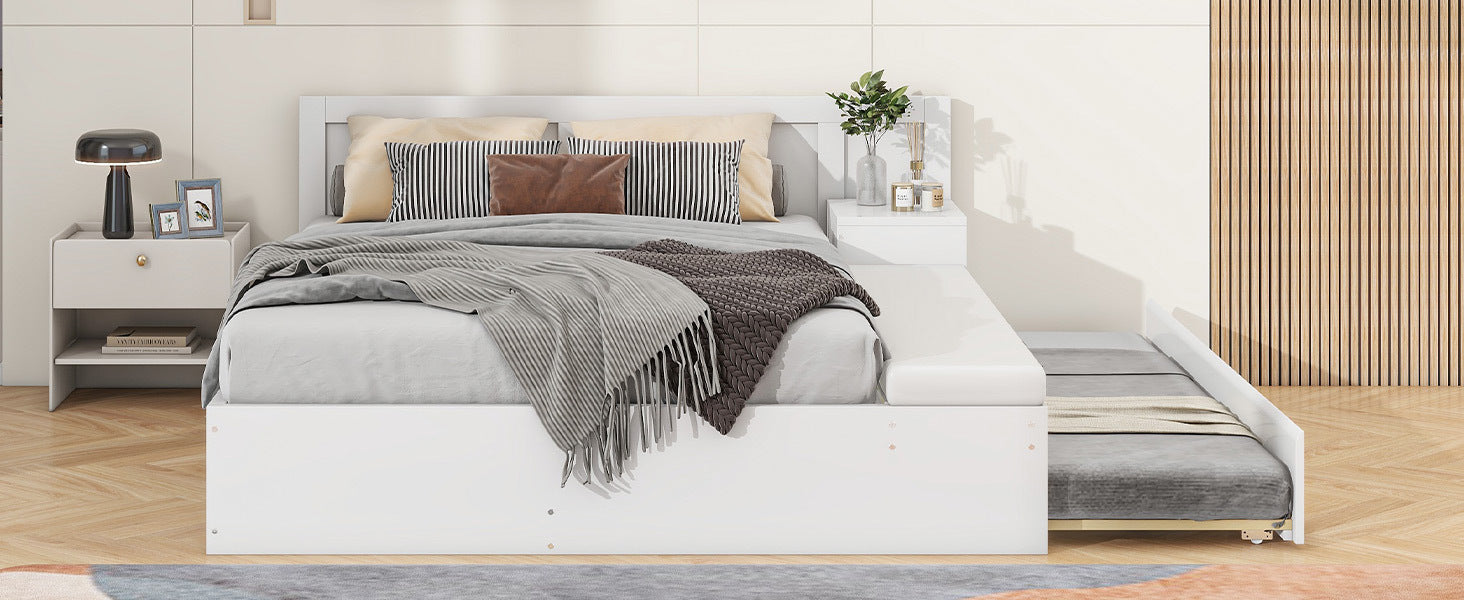 Full Size Wood Storage Hydraulic Platform Bed with Twin Size Trundle, Side Table and Lounge, White - Atlantic Fine Furniture Melbourne FL