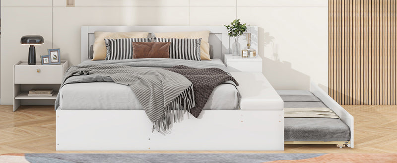 Full Size Wood Storage Hydraulic Platform Bed with Twin Size Trundle, Side Table and Lounge, White