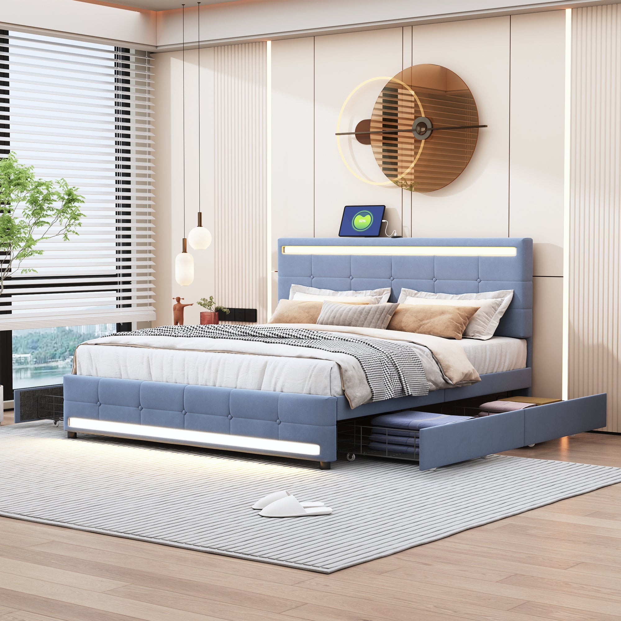 Queen Size Upholstered Bed with LED Light, 4 Drawers and a set of Type C and USB Ports, Velvet, Gray - Atlantic Fine Furniture Melbourne FL