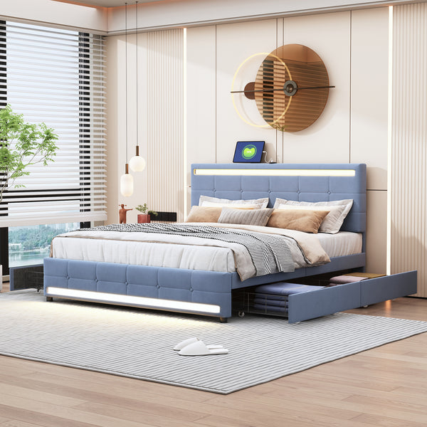 Queen Size Upholstered Bed with LED Light, 4 Drawers and a set of Type C and USB Ports, Velvet, Gray