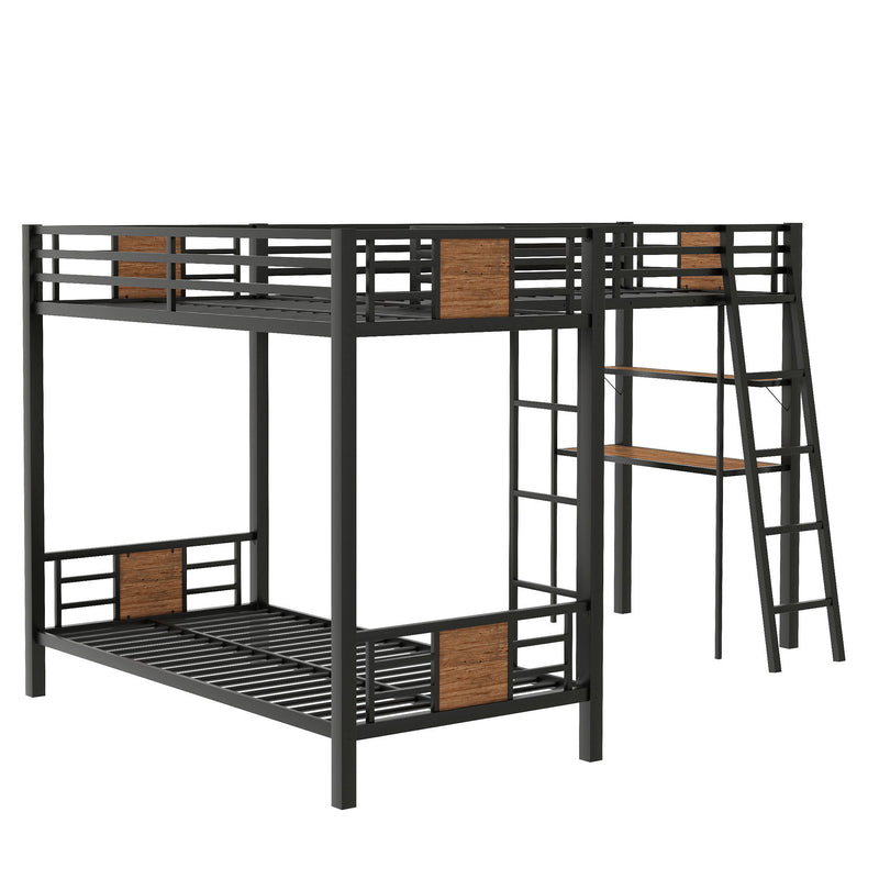 L-Shaped Twin Over Twin Bunk Bed With Twin Size Loft Bed With Desk And Shelf - Brown