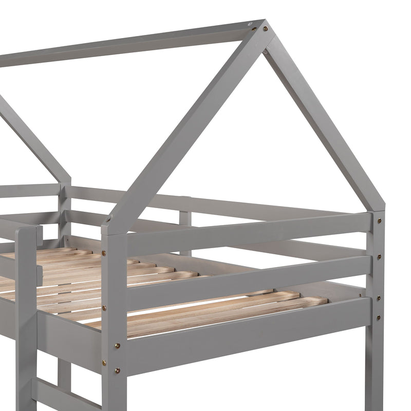 Twin Size House Loft Bed With Slide - Gray