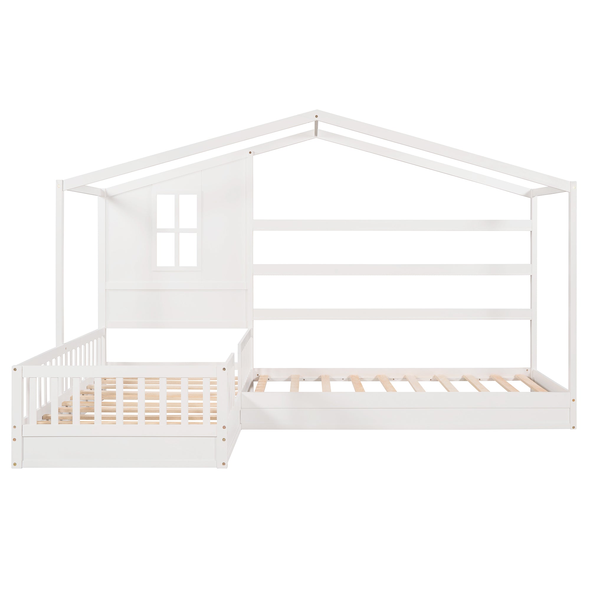 Wood House Bed Twin Size, 2 Twin Solid Bed L structure with fence and slatted frame (White) - Atlantic Fine Furniture Melbourne FL