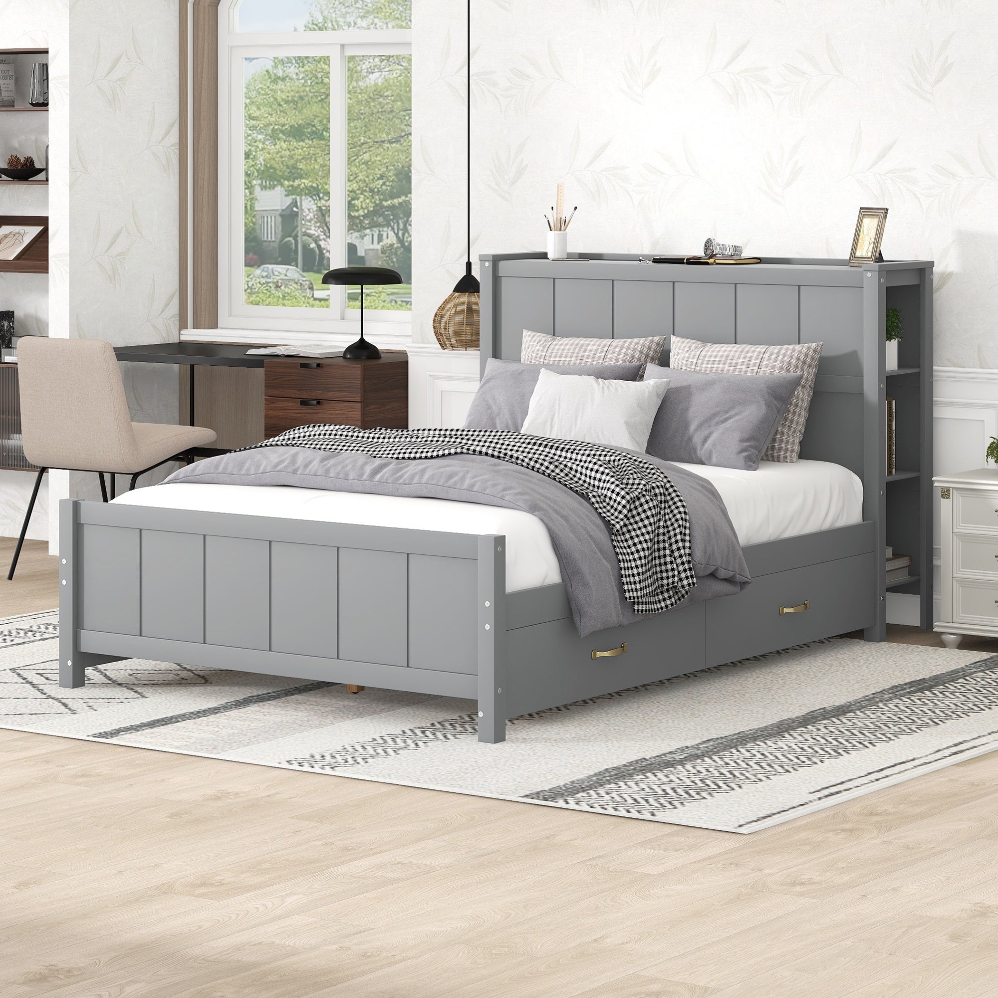 Full Size Platform Bed with Drawers and Storage Shelves, Gray - Atlantic Fine Furniture Melbourne FL