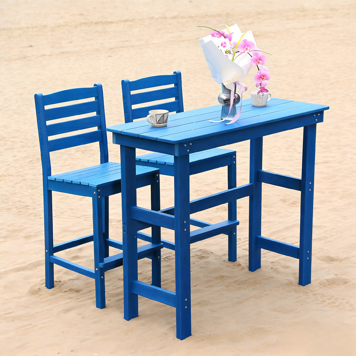 Patio Life Adirondack Outdoor Bar Table with 2 High-Back Bar Chairs - Lake Blue