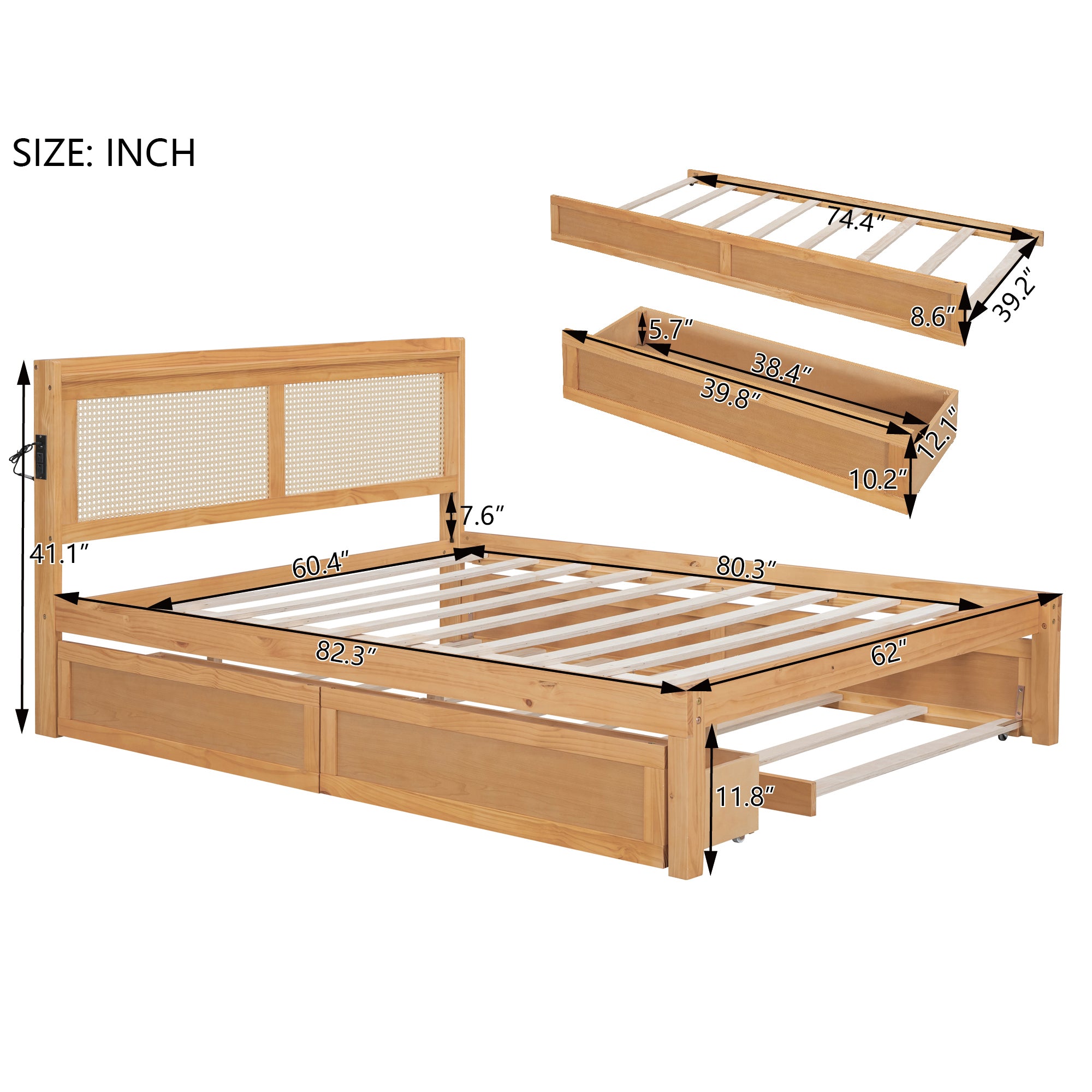 Queen Size Elegant Bed Frame with Rattan Headboard and Sockets ,Walnut - Atlantic Fine Furniture Melbourne FL