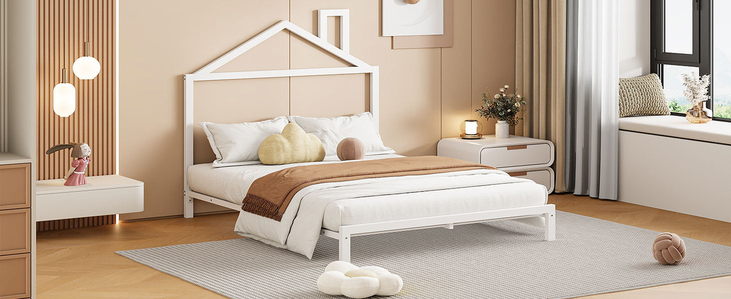 Full Size Metal Platform Bed with House-Shaped Headboard Design, White - Atlantic Fine Furniture Melbourne FL