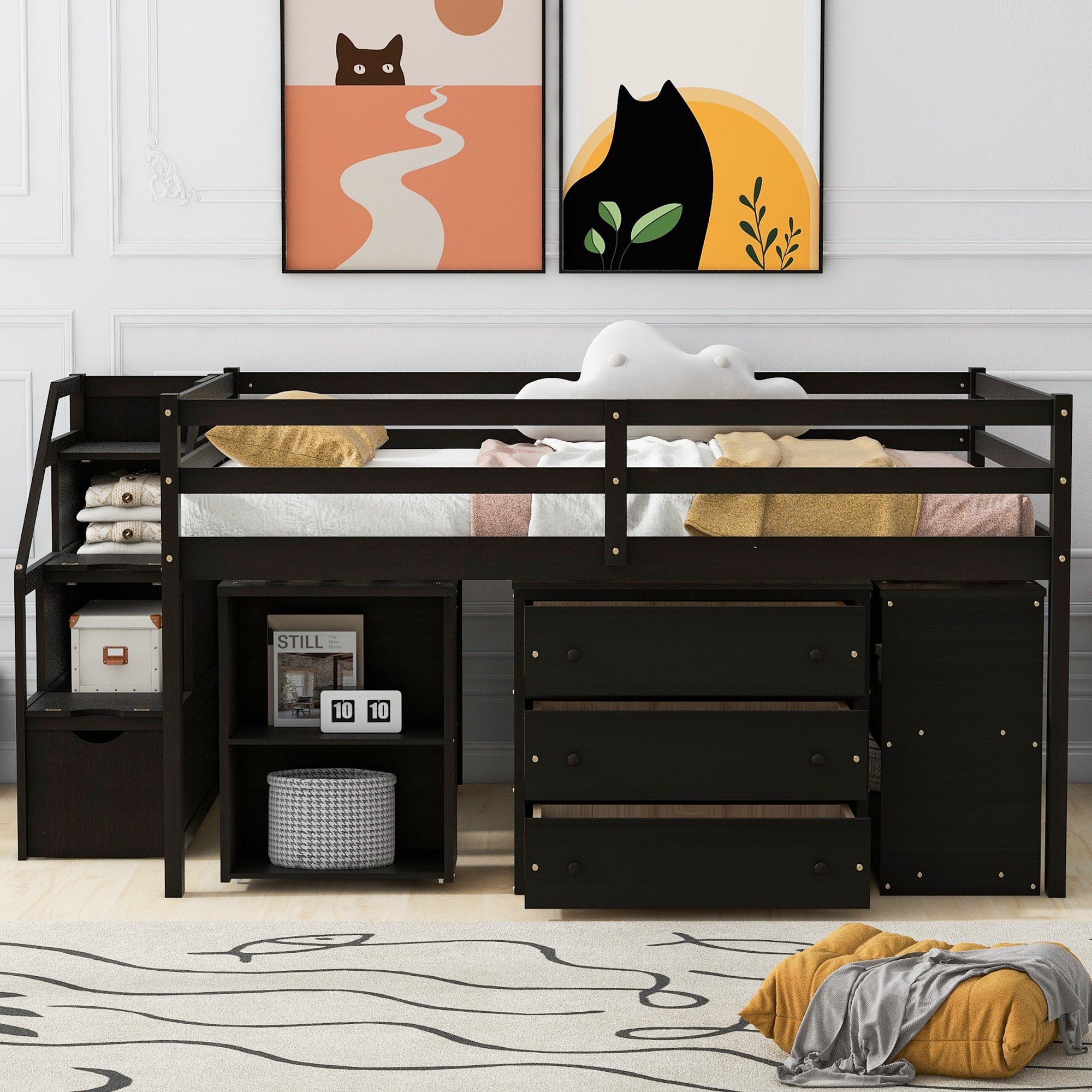 Full Size Loft Bed with Retractable Writing Desk and 3 Drawers, Wooden Loft Bed with Storage Stairs and Shelves, Espresso - Atlantic Fine Furniture Melbourne FL