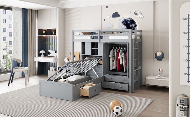 Bunk Bed With Drawers, Wardrobe, Storage Shelves And Hydraulic