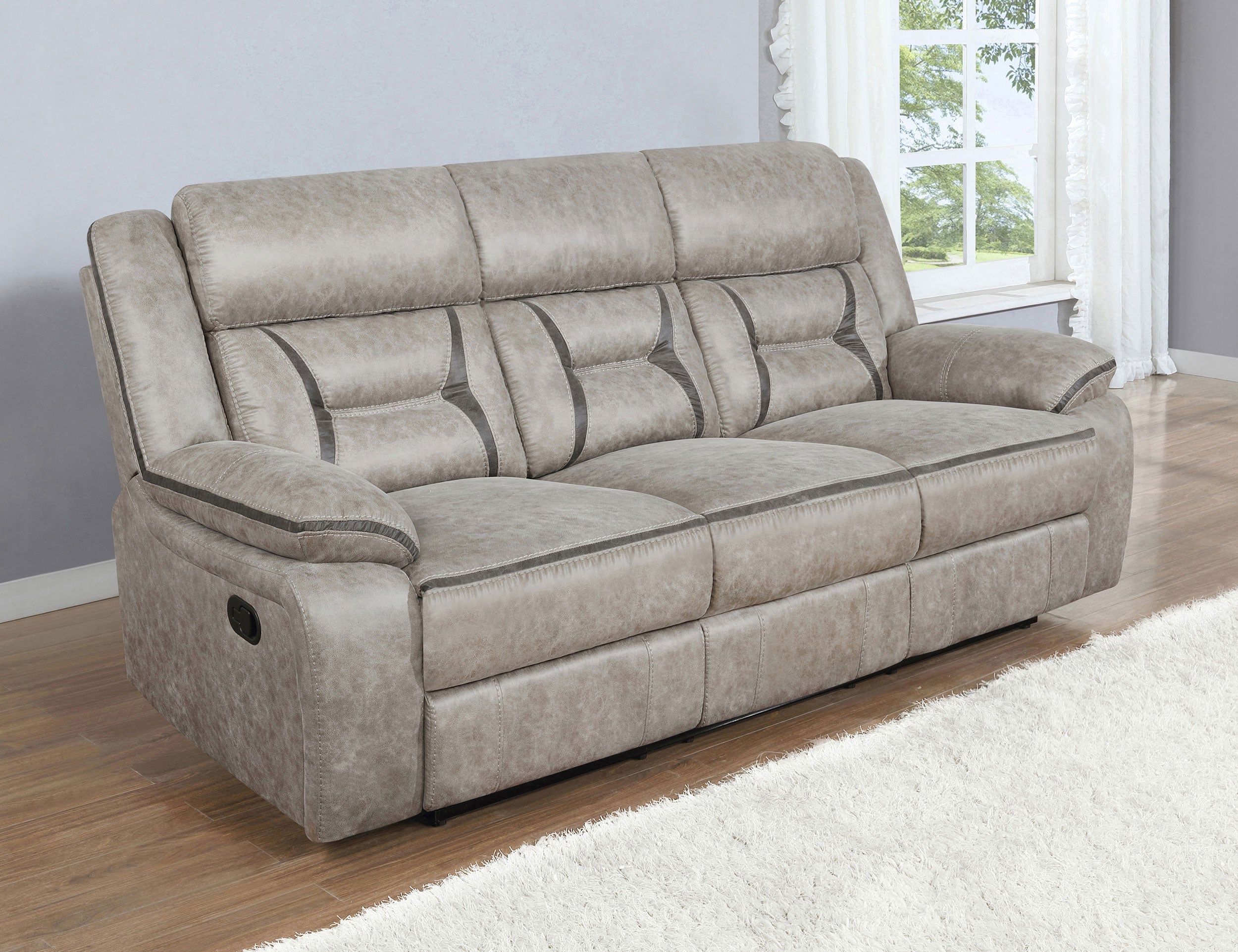 Greer Upholstered Motion Reclining Sofa Taupe — view 2
